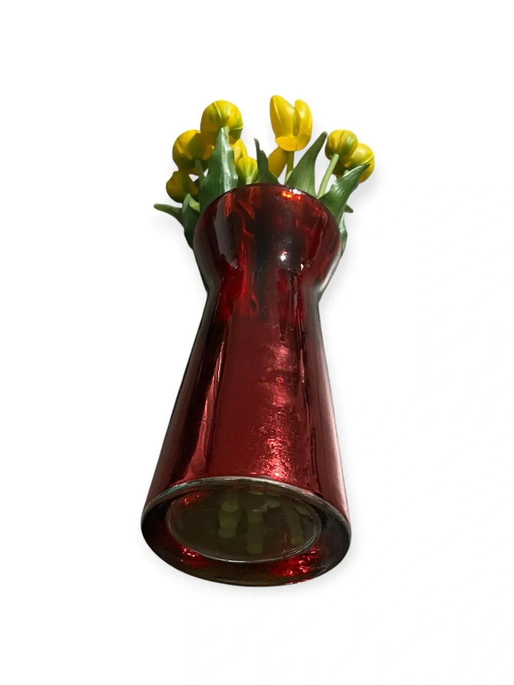 Red Glass Vase with Yellow Tulip Arrangement - Brand